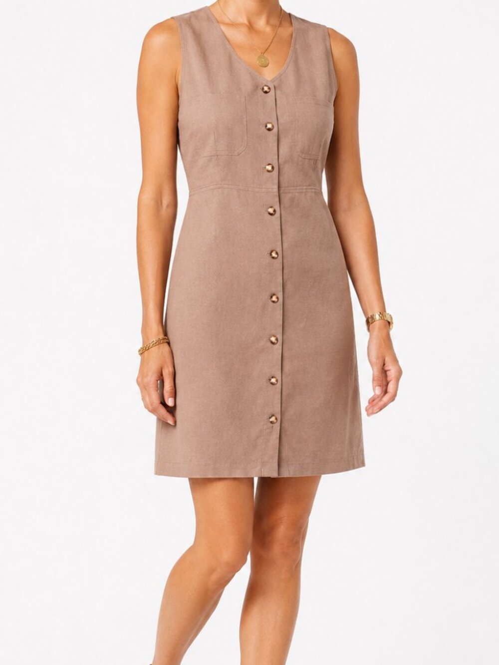 NWB Button Front Sleeveless Taupe Dress | Classic Old Money Corpcore [size S]